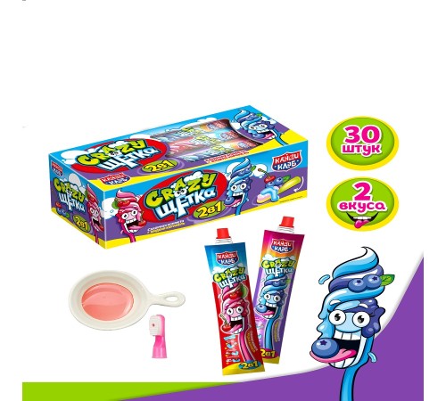 Сахарная конфета и жидкая карамель Канди Клаб 12гр*30*(12бл) Crazy щётка 2 в 1