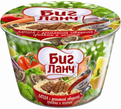 Биг Ланч Лапша 90г*24 (тарелка) Говядина, грибы и зелень