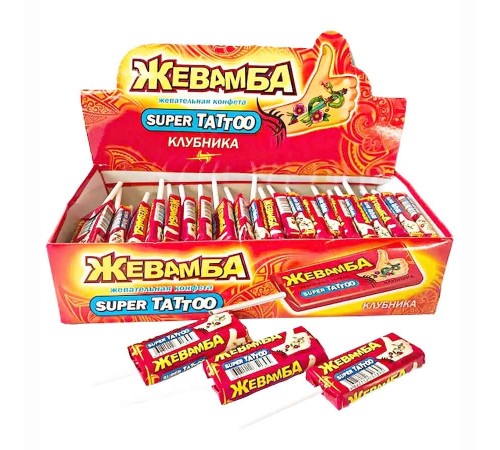 Жевательная конфета Канди Клаб 10гр*50*(12бл) Жевамба Super tatоо Клубника