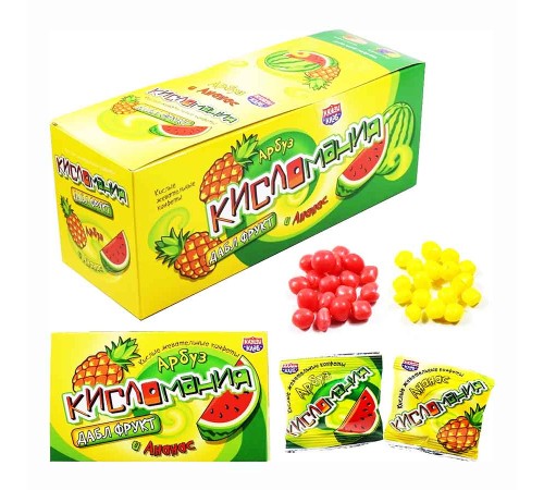 Жевательная конфета Канди Клаб 14гр*30*(12бл) Кисломания Дабл фрукт Арбуз и ананас