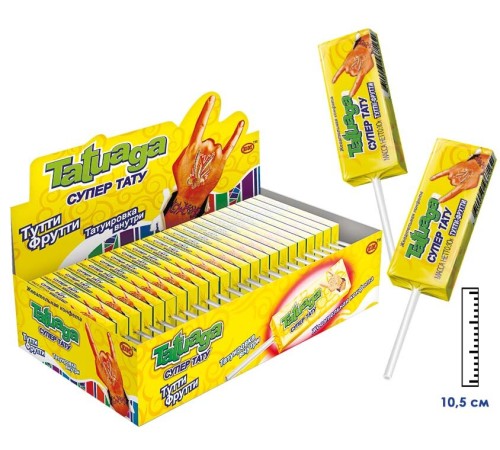 Жевательная конфета  Tatuaqa на палочке с тату 10г*50*(12бл) Тутти-фрутти